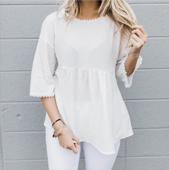 Roolee Tops - Roolee White Slub Cotton Lace Hem Blouse